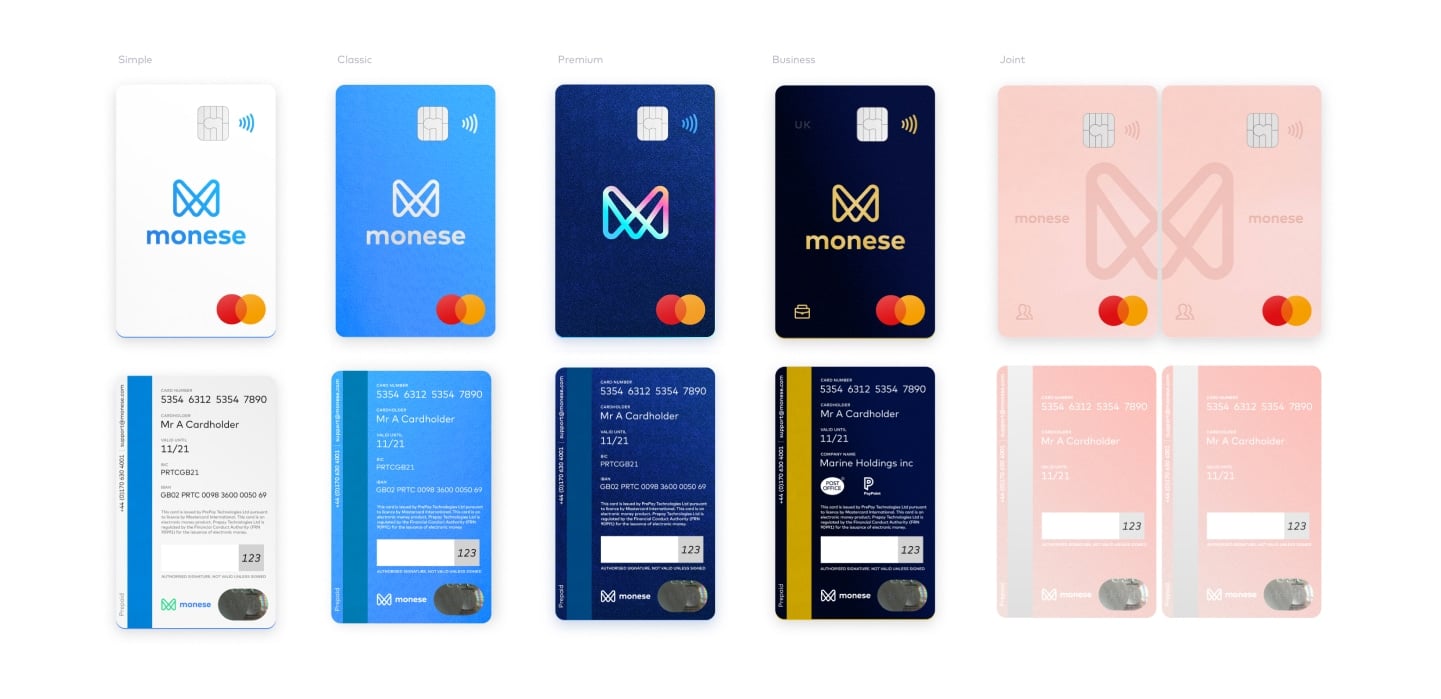 Extended Monese card set built on the shared design system