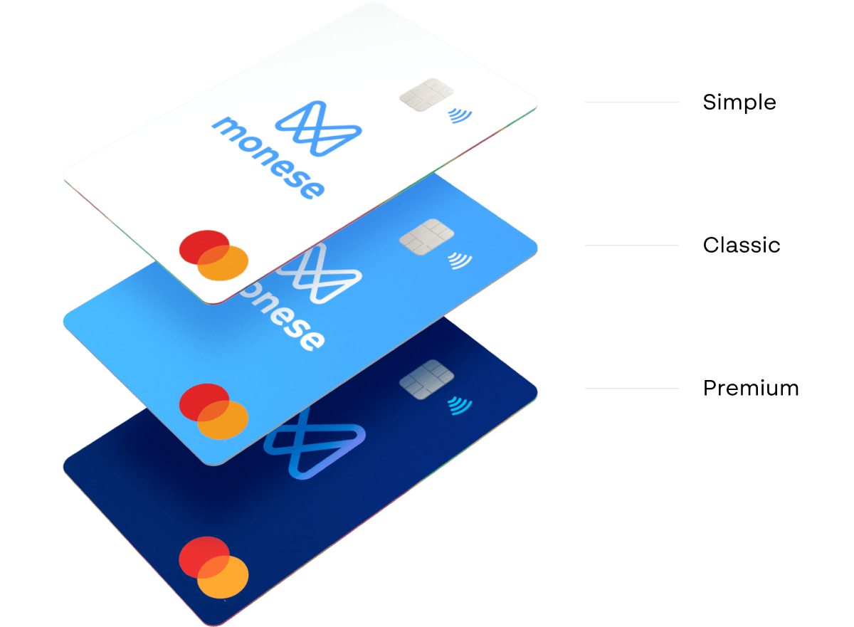 Monese Simple, Classic and Premium cards alongside each price plan